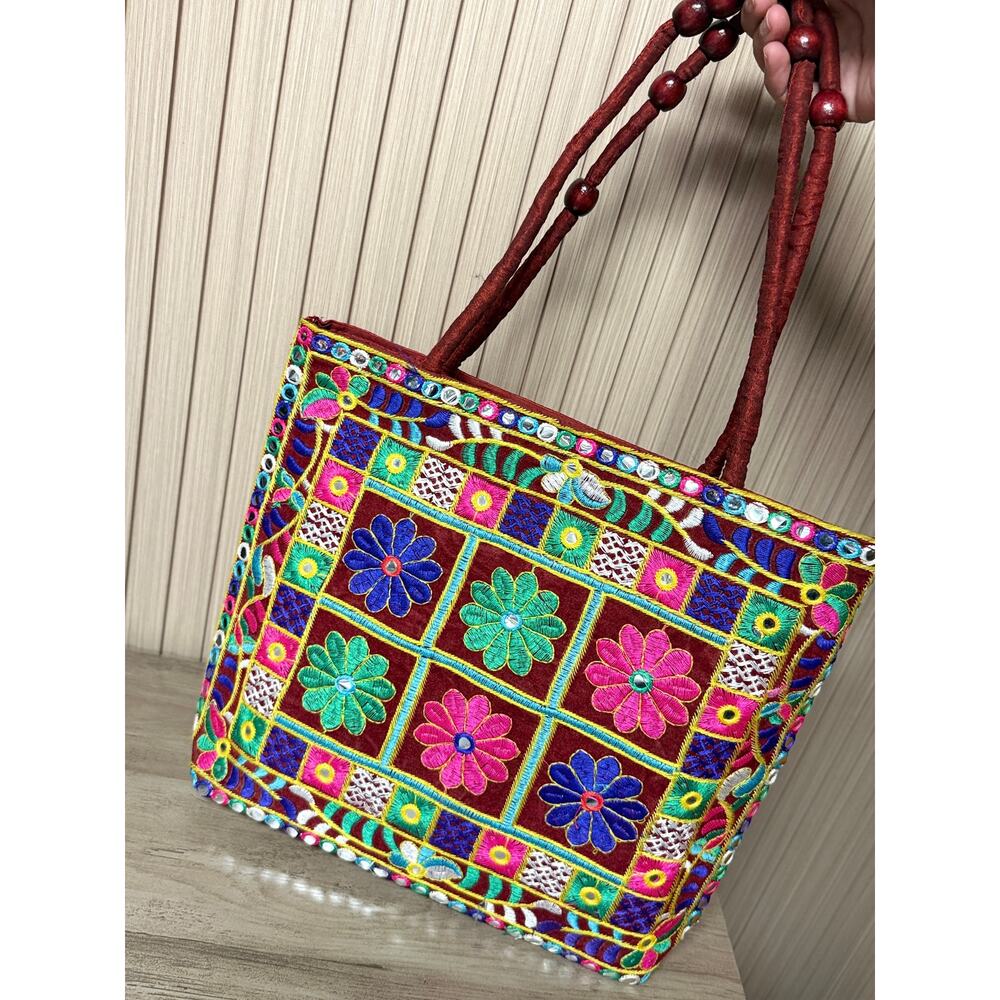 Embroidered Floral Tote Bag Red Beaded Handle Boho Shoulder Bag - Picture 8 of 10